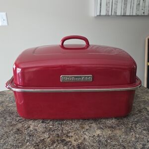 KitchenAid 18" Covered Roaster with Rack Red Porcelain Enamel Large Roasting Pan